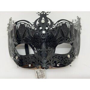 Metal Black Lace Venetian Masquerade Mask With Rhinestones & Elastic Strap